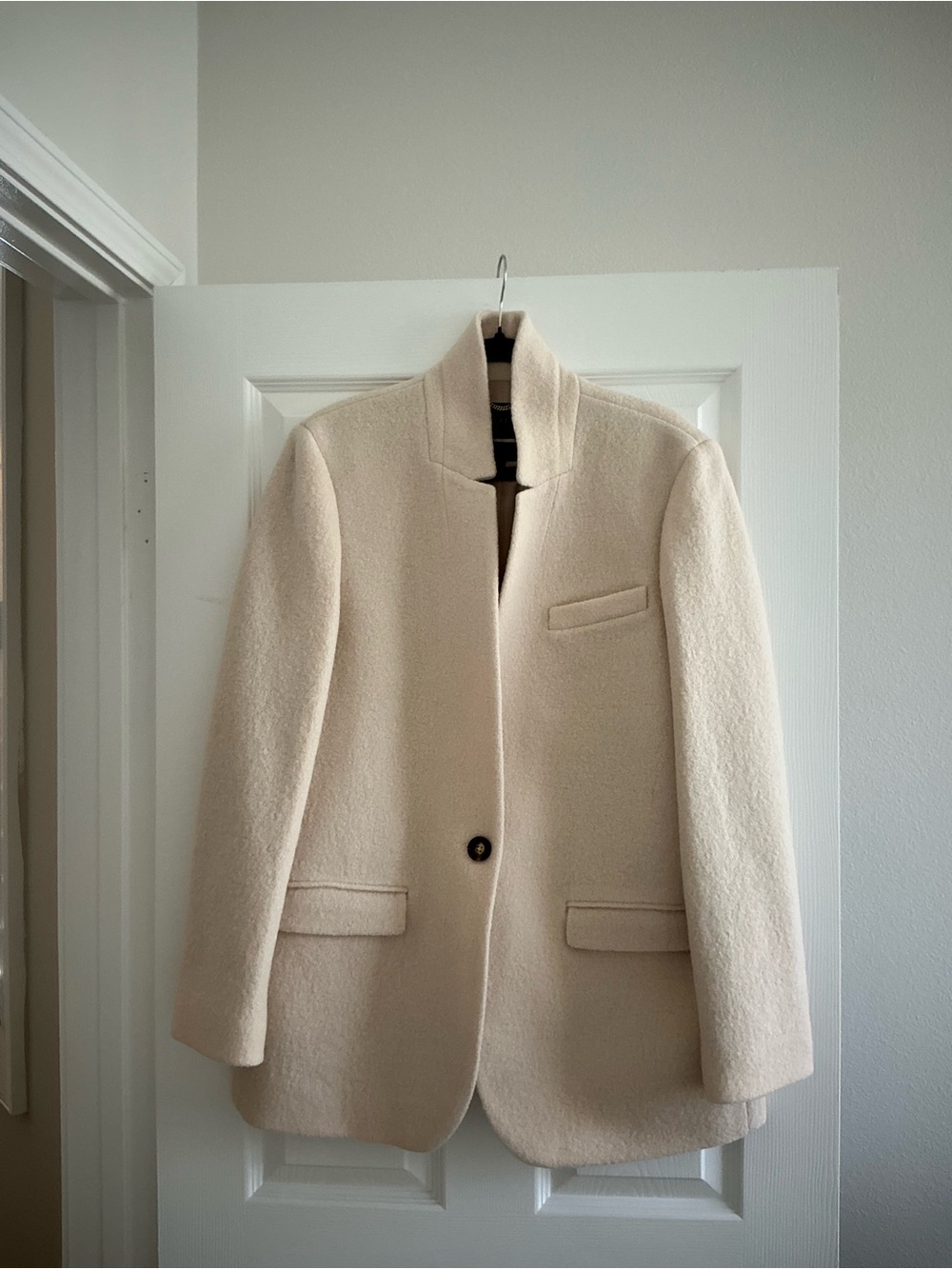 J. Crew Light Cream Wool-Blend Coat with Gold Chain Detail